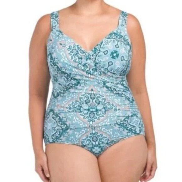 Jantzen Draped Surplice One Piece Bathing Suit Ocean Floral Stretch NWT Sz 8 - Picture 1 of 10